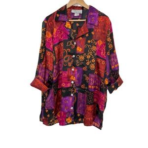 Options By Delta Burke Plus Sz Satun Artsy Button Blouse 1x Art To Wear Boho USA
